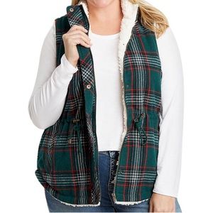 Maurices Green Plaid Sherpa Lined Cinch Waist Full Zip Vest